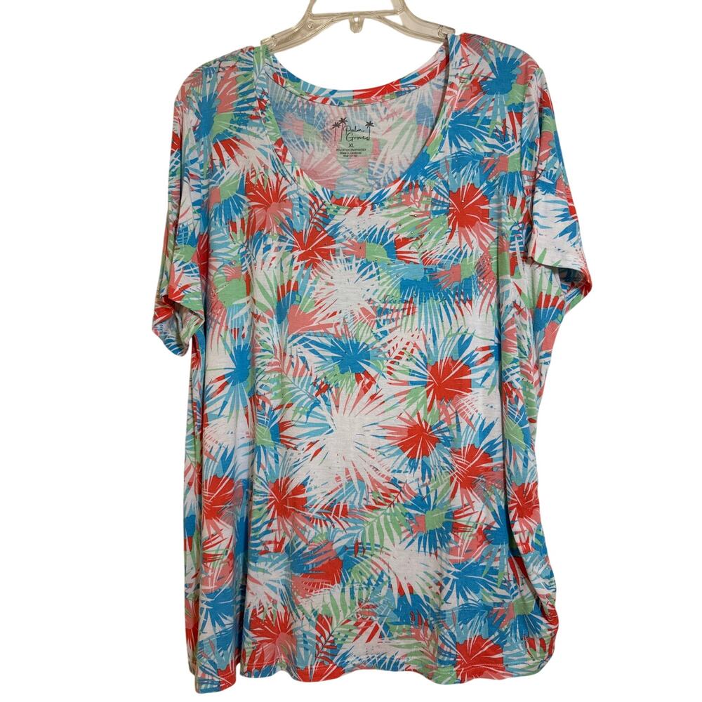 Palm Grove XL Short Sleeve Scoop Neck, Multicolored T-shirt, Ruched Left Side